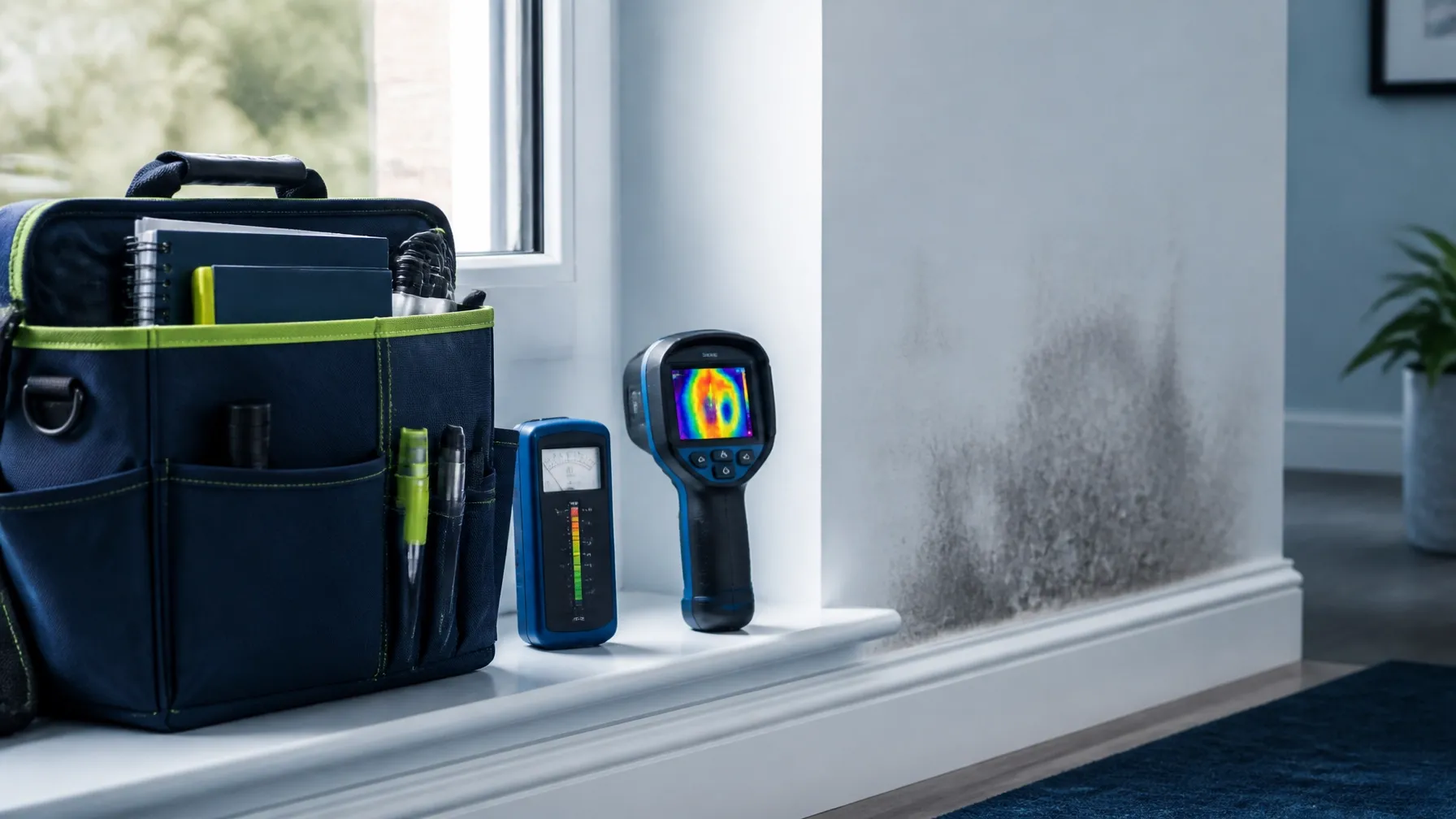 Moisture meter, thermal imaging device and survey kit beside a damp and mould inspection area