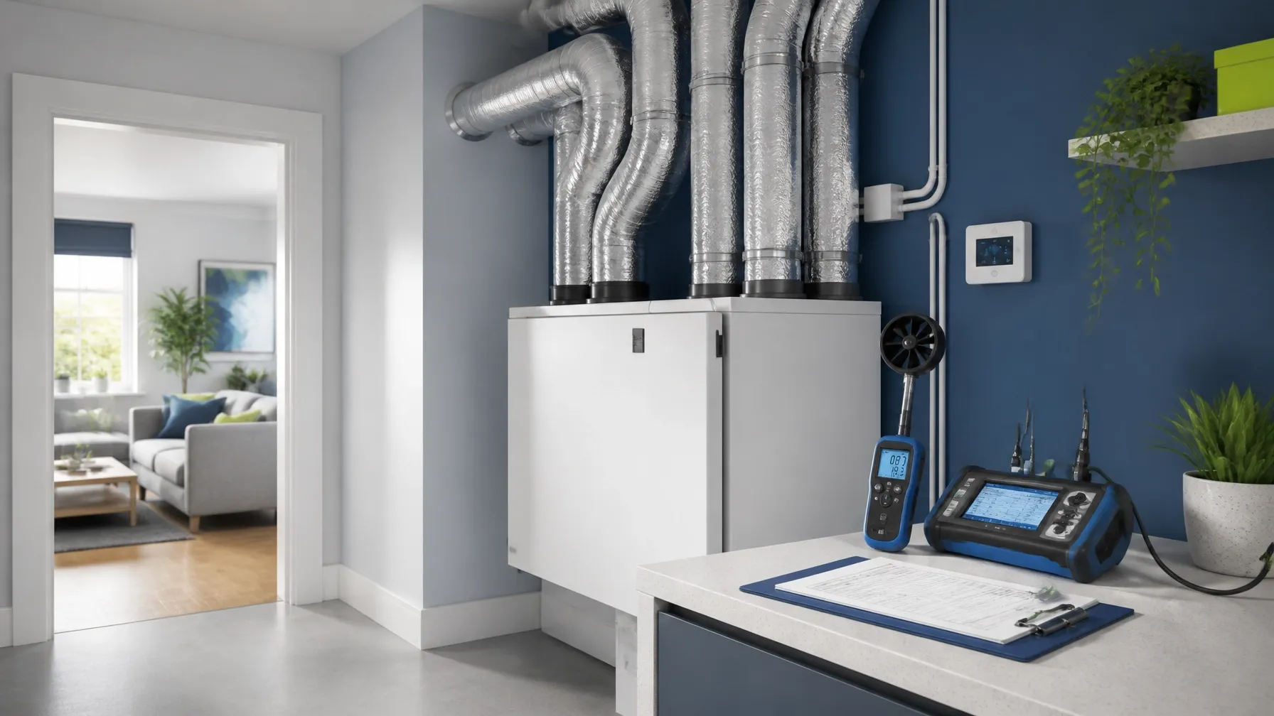 Domestic MVHR unit, ductwork and airflow test equipment in a modern home commissioning setup