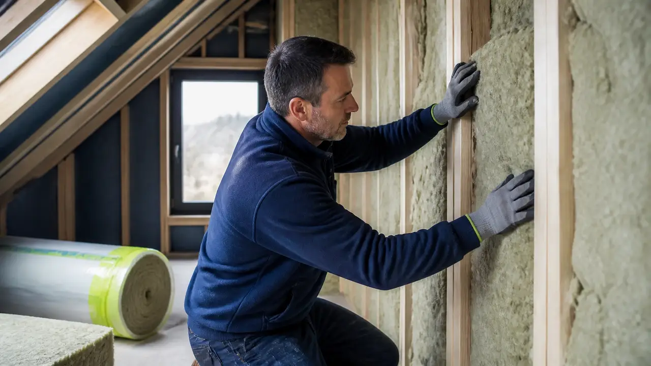 Installer working with loft and wall insulation materials in a domestic retrofit project