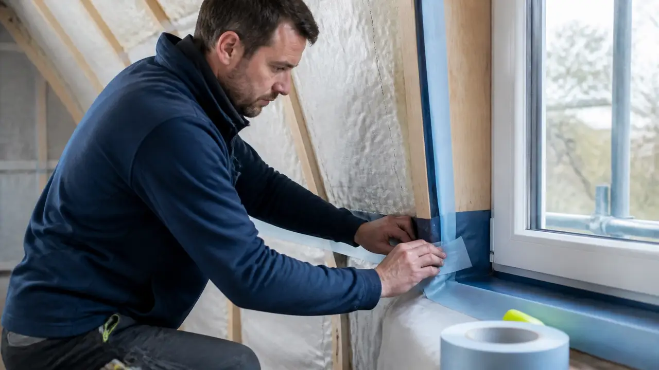 Retrofit installer fitting insulation and airtightness detailing in a domestic retrofit project